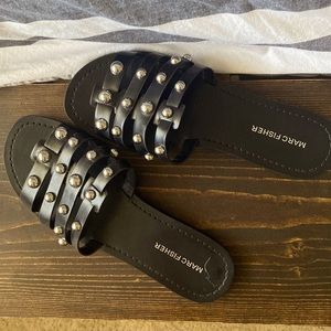 Worn once! Slide on, stuffed & strappy, black flat sandals by Marc Fisher